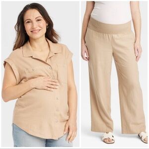 Isabel Maternity 2 Piece Linen Short Sleeve Button Up Top/Straight Leg Pants Set